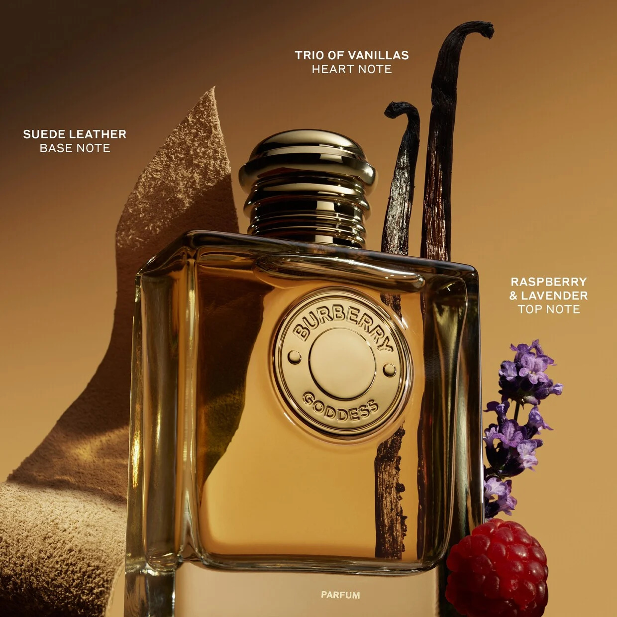 En note de tête du parfum, un accord vibrant de framboise sublime l’éclatante essence de lavande de l’Eau de Parfum Burberry Goddess. Le trio signature d’extraits de vanille dévoile toute sa richesse en cœur, tandis qu’un accord de daim apporte plus de chaleur, texture et sensualité à la base gourmande de vanille de ce parfum puissant.